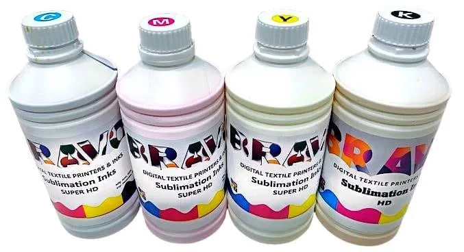 Bravo sublimation ink bottles in cyan, magenta, yellow and black, Super HD and HD grades